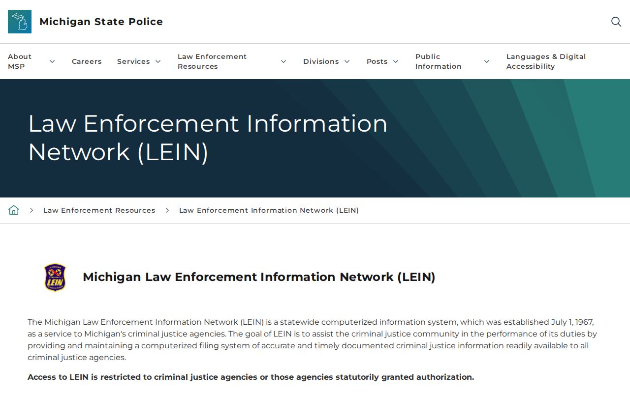 Michigan State Police LEIN access restriction page used in Arenac County warrant records research