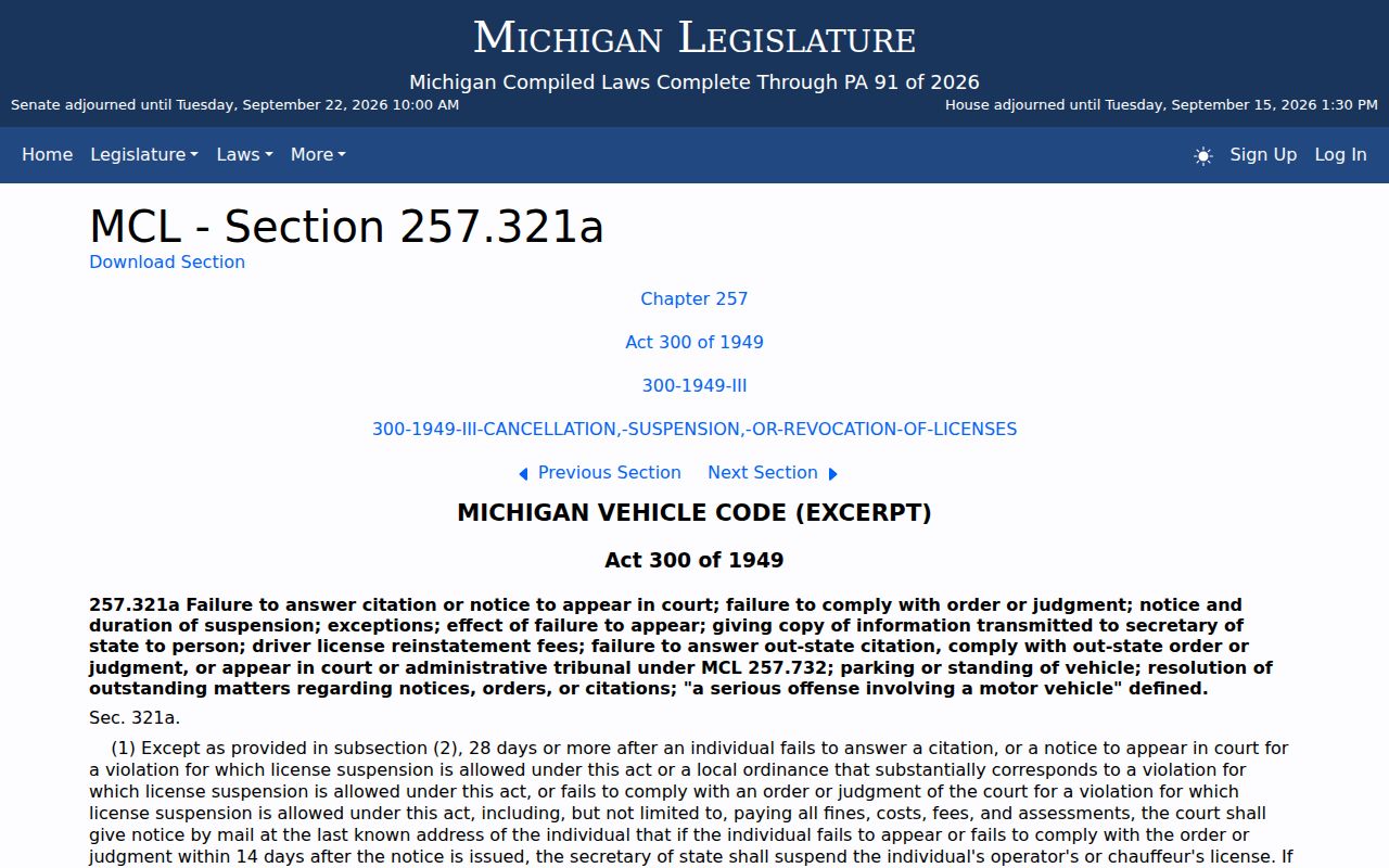 Michigan citation compliance statute page used for Arenac County traffic warrant research