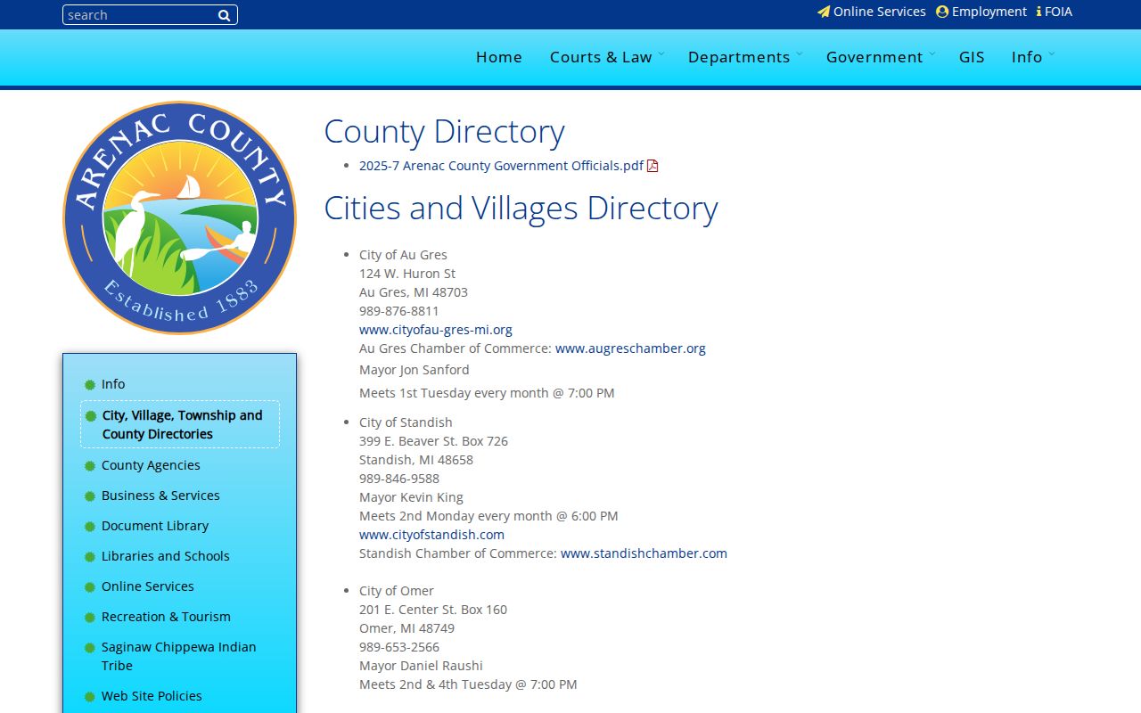 Arenac County official city directory used for city warrant records pages