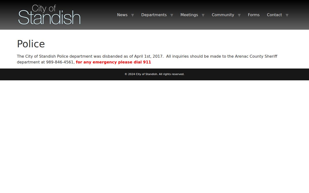 Standish city police disbandment notice used for Standish warrant records research