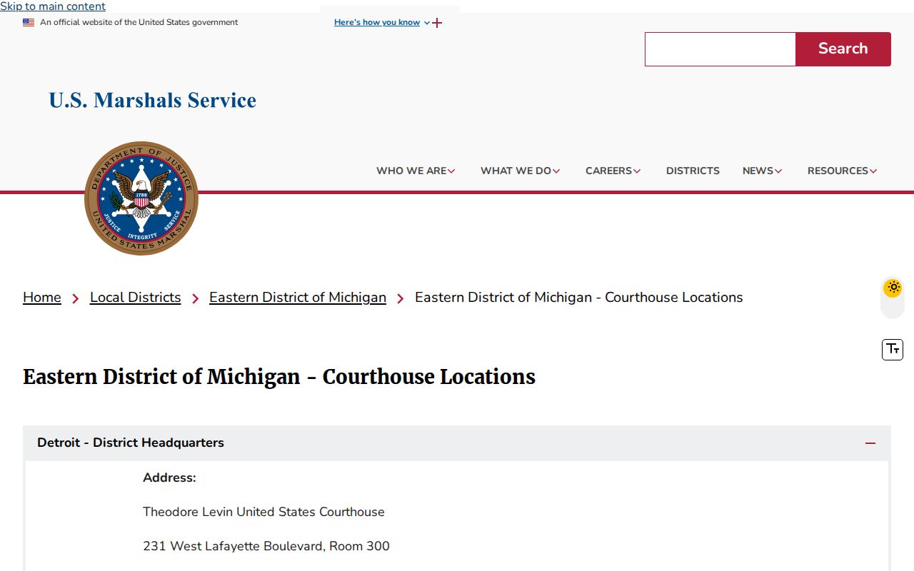 U.S. Marshals Bay City office location page used for Arenac County federal warrant context