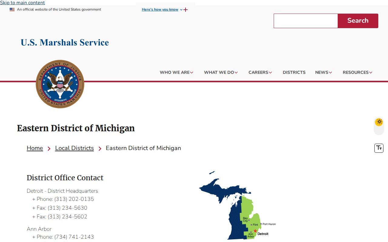 U.S. Marshals Eastern District of Michigan fugitive apprehension page used for Arenac County most wanted research