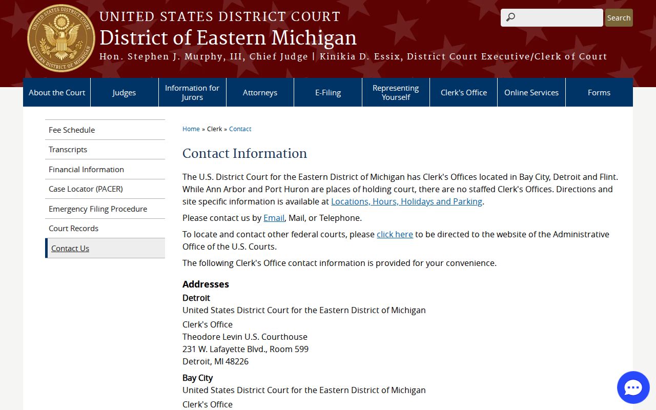 Federal court clerk contact page for Bay City used in Arenac County most wanted research
