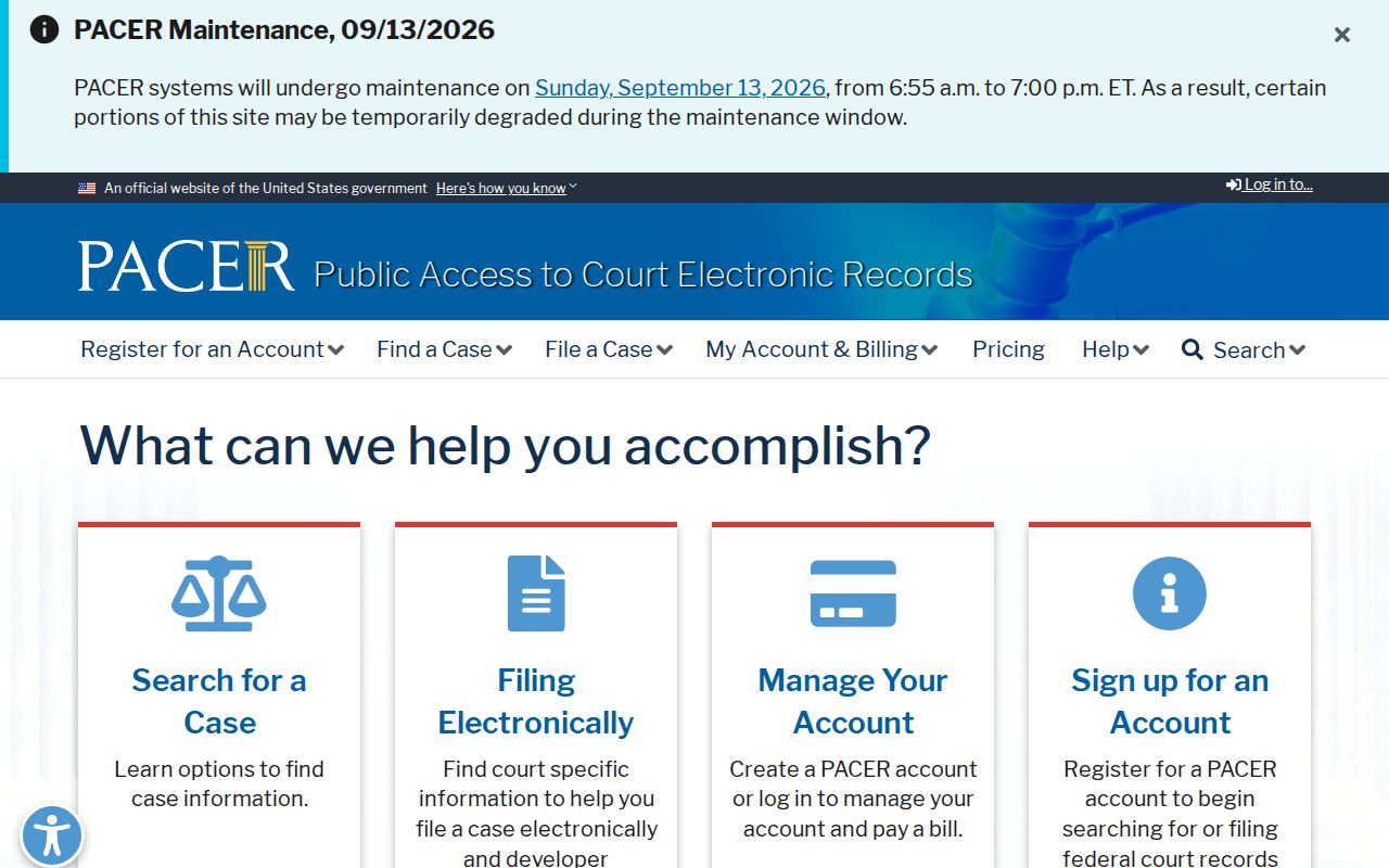 PACER federal docket system page used for Arenac County active warrant research