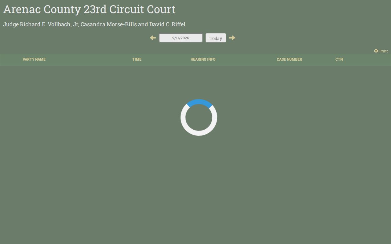 Arenac County 23rd Circuit public docket display used for arrest warrant research