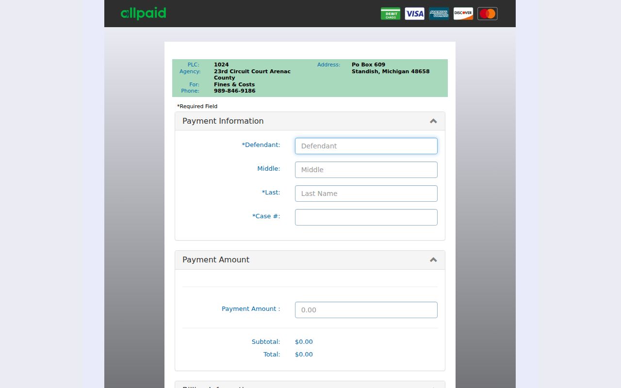 Arenac County circuit court payment portal used for bench warrant and bond research