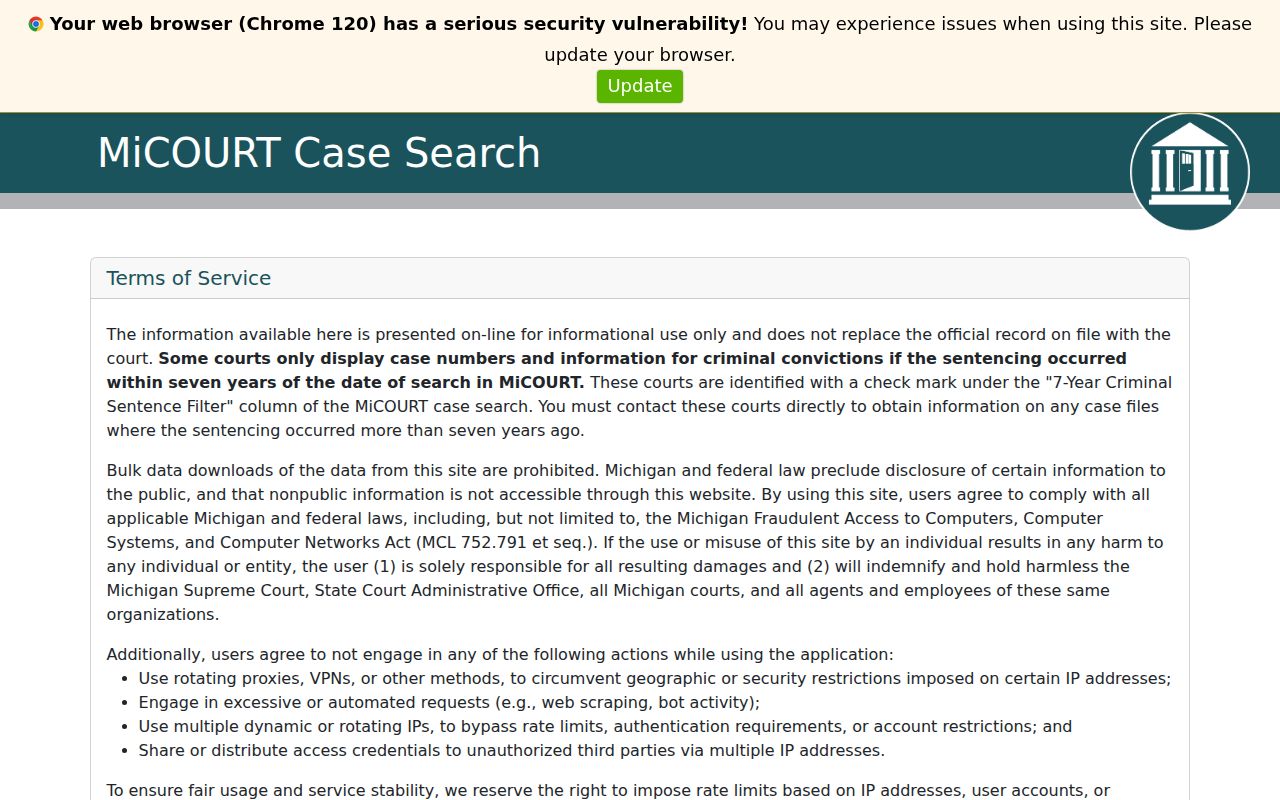 MiCOURT case search terms page used for Arenac County warrant search research