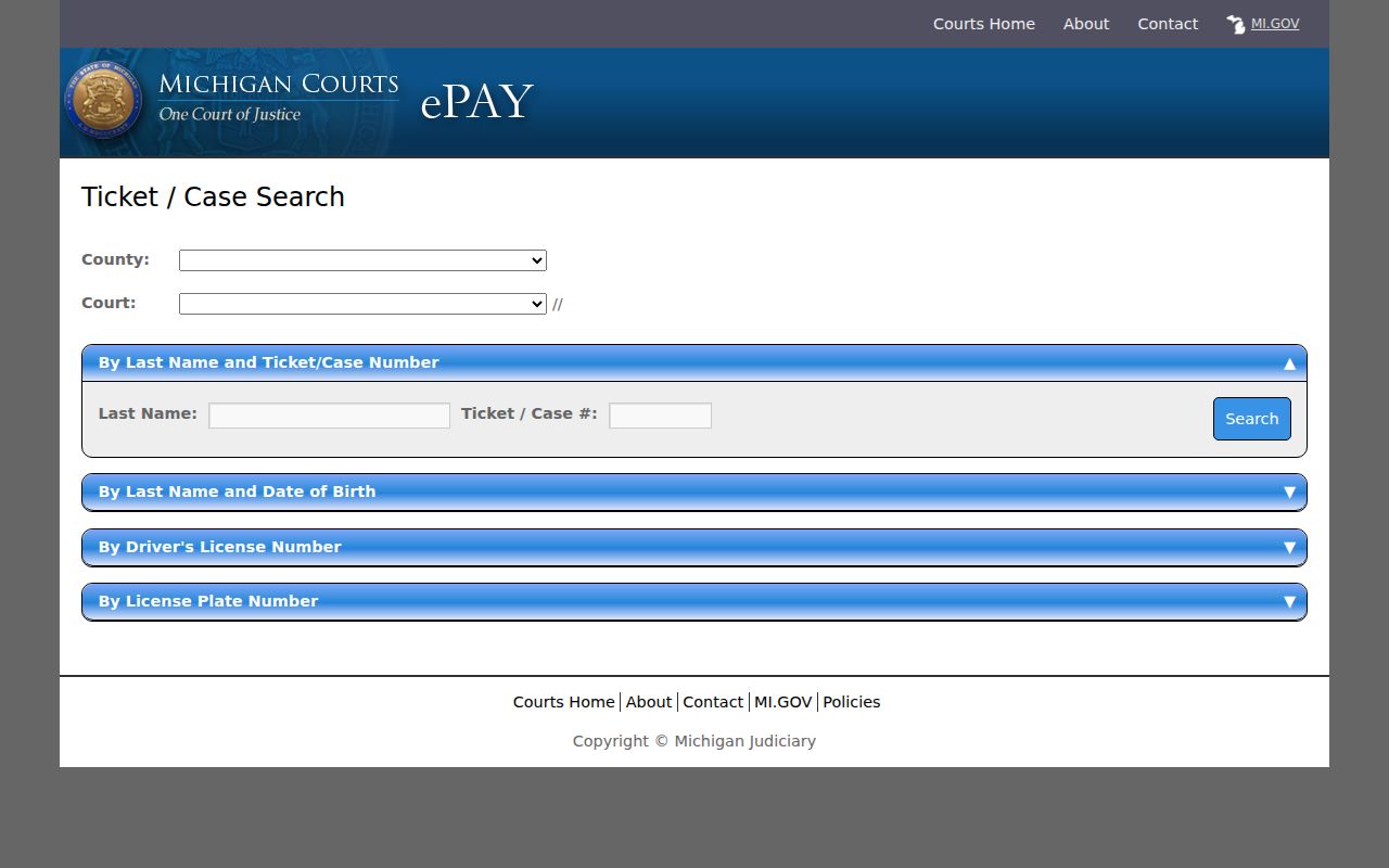 Michigan eTix ticket and case search page used for Arenac County traffic warrant research